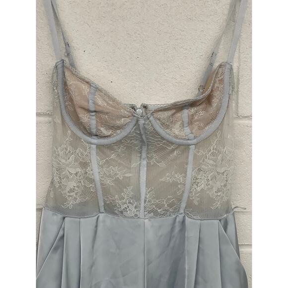 Katie May Sz Small Light Blue Tink Satin Lace Corset Wide Leg Cocktail Jumpsuit - Picture 5 of 9